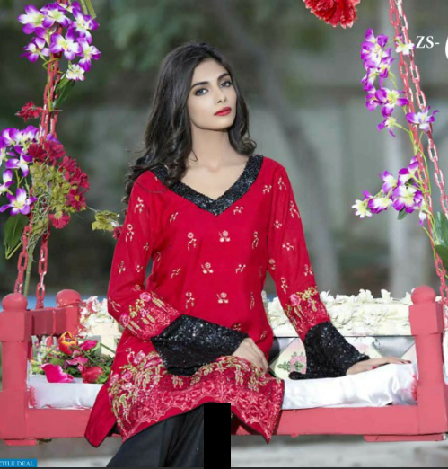 KHAADI NET EMBROIDERED RED KURTI TROUSER