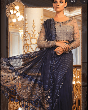 MARIA B STICHED CHIFFON MBROIDERED BLUE & GREY SAREE