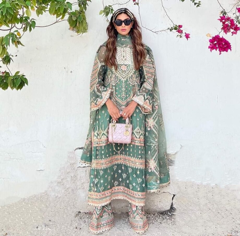 Party Wear Stitched Organza Aqua Green Embroidered Shalwar Kameez Dress