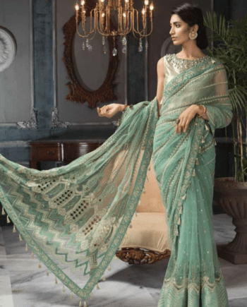 Party Wear Stitched Embroidered Aqua Mint Color Saree