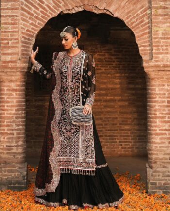 Party Wear Black chiffon Hand made Word Dress Latest Collection 2025