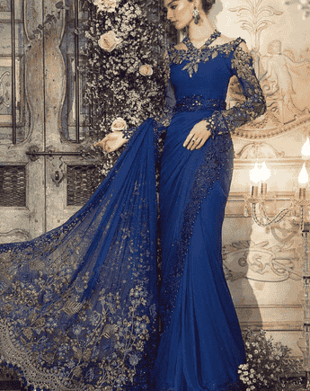 A luxurious Royal Blue Saree with intricate embroidery and custom stitching, perfect for weddings and festive occasions