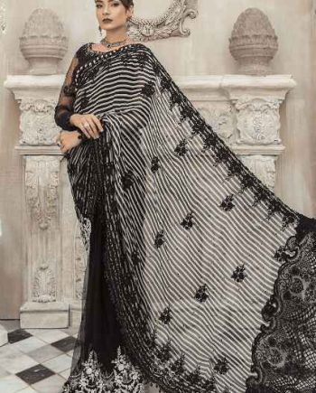 Maria B black and white striped saree with chiffon fabric and luxury design.