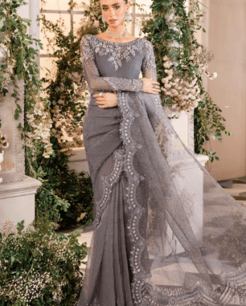 Maria B 2902 grey saree with embroidered pallu, hand embellishments, and organza fabric for weddings and parties.