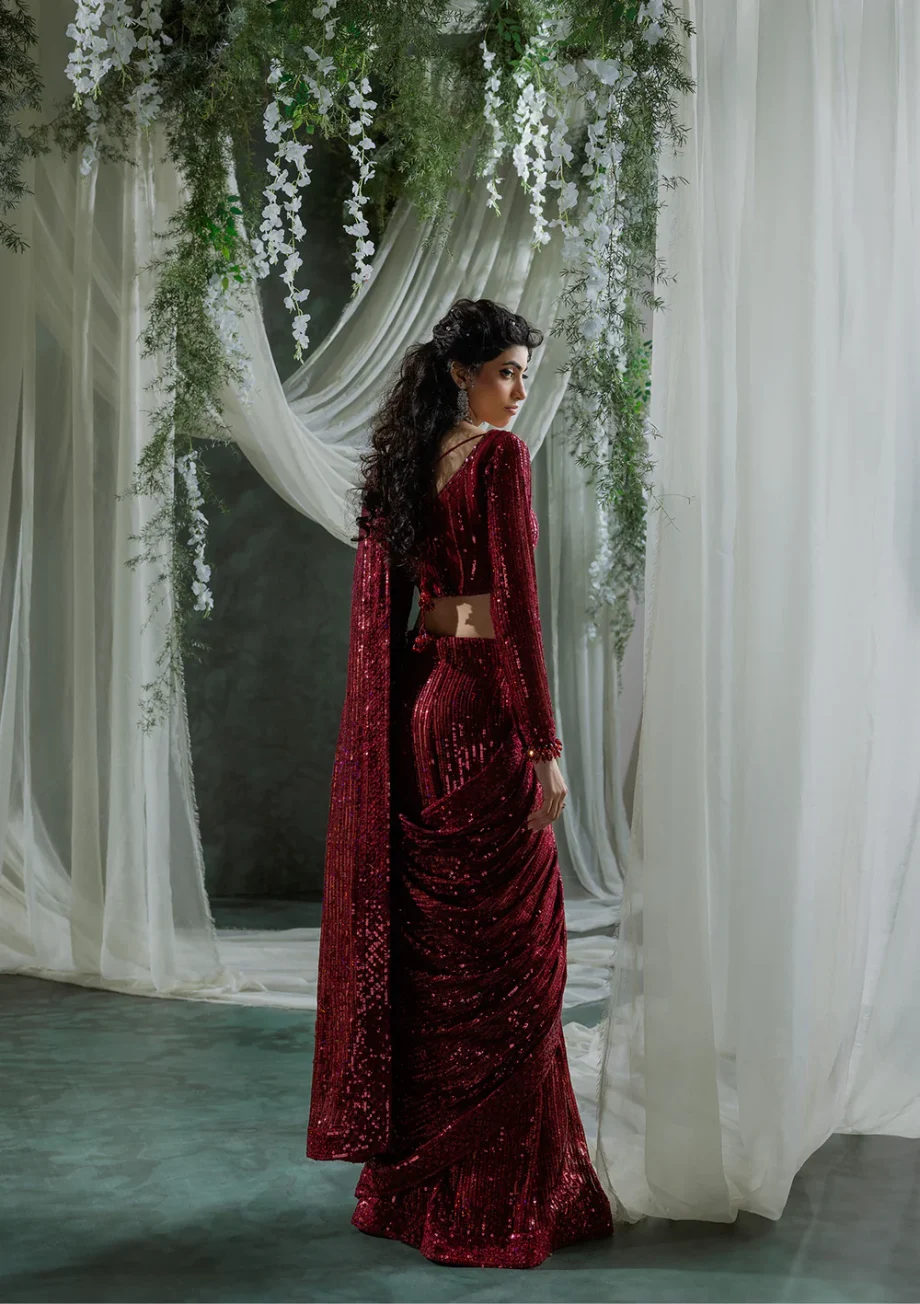 Red Sequin Saree - Back View