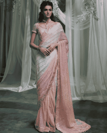 Peach colour sequin saree with intricate embroidery and shimmering sequin work.