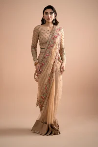 Elegant handcrafted white saree by Imrozia with pearls