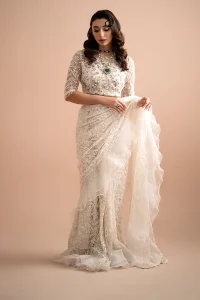 Imrozia white bridal saree with handmade pearls and embroidery
