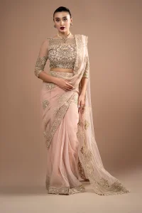 White chiffon Pakistani wedding saree with delicate embroidery