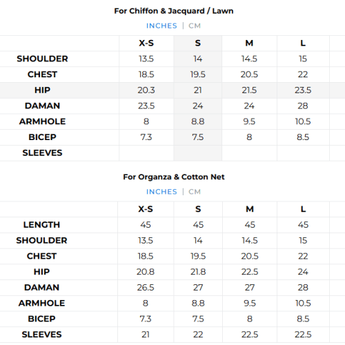 size chart for agha noor